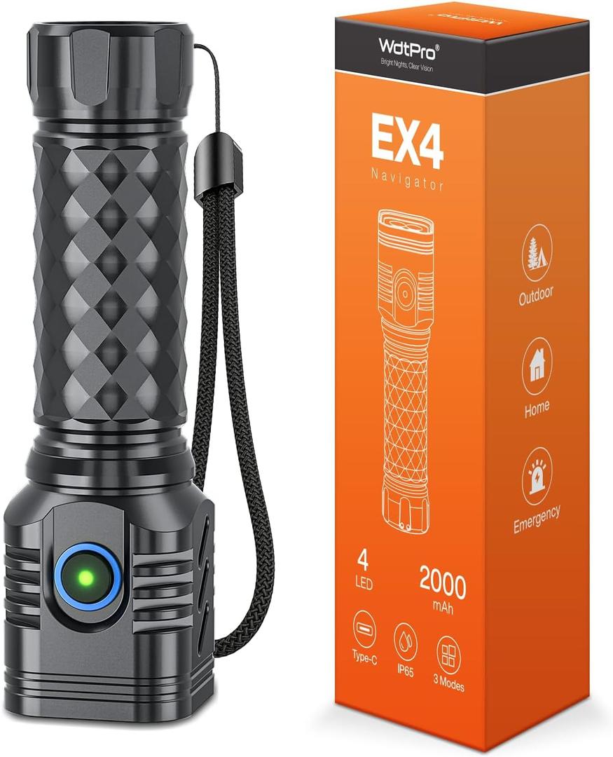 WdtPro Metal Flahlight High Lumens, Rechargeable Flashlights 4 LEDs Waterproof, Super Bright Flash Light for Camping Hiking Outdoor Home Emergency, Camping Essentials Gear (1 Pack, Black)