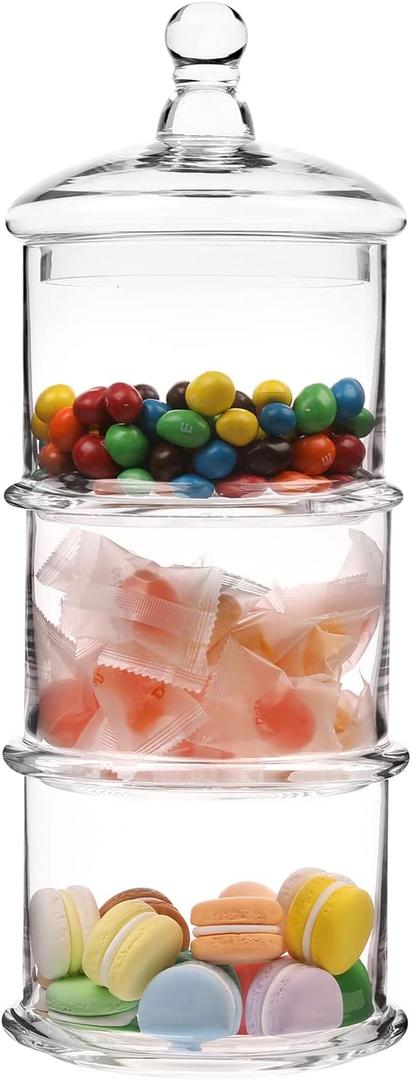 MyGift 16 Inch Modern 3 Tier Clear Glass Stacking Apothecary Jars with Lid, Round Glass Display Candy and Cookie Containers, 16 inch Tall