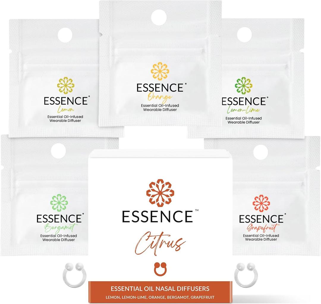 Essence Nasal Diffuser Citrus Bundle  Essential Oil Silicone Nose Rings for Mood, Energy & Positivity  Wearable Aromatherapy Pack with Lemon, Orange, Grapefruit & Bergamot