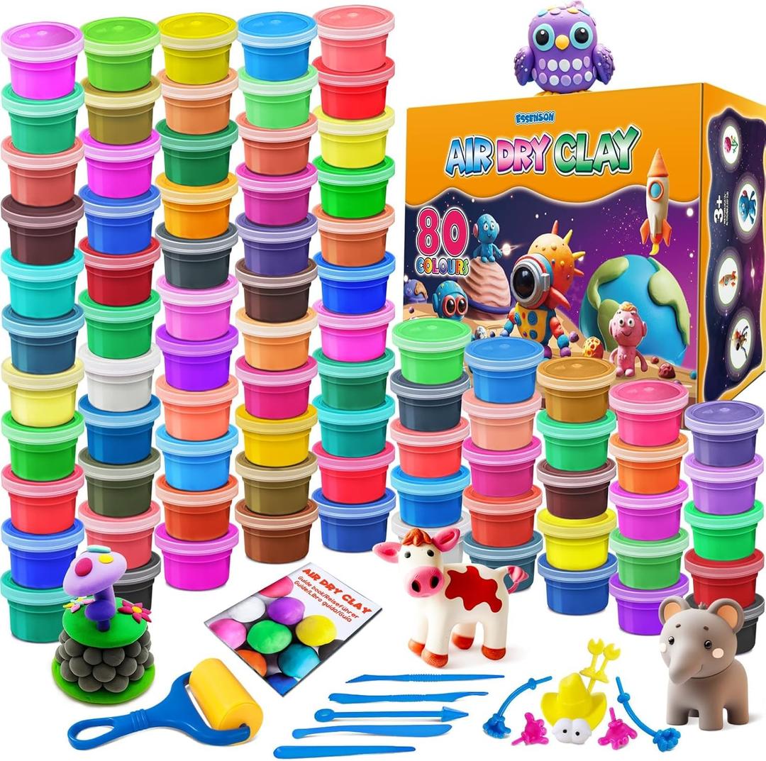 ESSENSON Air Dry Clay - 80 Colors Modeling Magic Clay, Best Gift for Boys & Girls Age 3-12 Year Old, DIY Molding Kids, with Sculpting Tools, Decoration Accessories, Kids Art Crafts