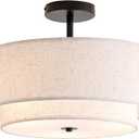 16" Double Drum 3-Light Semi Flush Mount Ceiling Light, Classic Fabric Linen Shade Design for Living Room, Bedroom, Kitchen, Dining Room, Hallway and Entryway (Black)