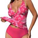 ZAFUL Womens Tankini Swimsuits V Neck Push Up Swim Top Color Block Tummy Control High Waisted Bathing Suits Swim Bottom (Large, 0-rose Red Floral)