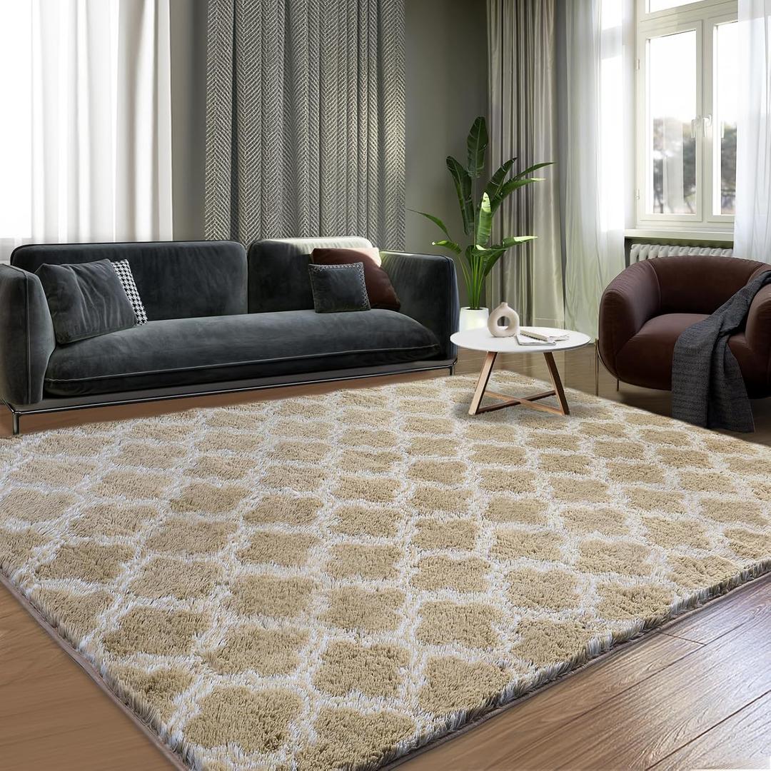 Shag Area Rug 5x7 Feet Extra Soft Rugs for Living Room, High Pile Indoor Carpet for Bedroom, Kids Room, Nursery, Home Decor, Geometric, Beige/White