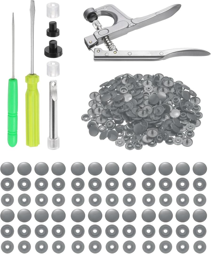 HARFINGTON Plastic Snaps Fasteners with Snap Pliers, 150 Set Size 20 T5 1/2 Inch Round Resin No-Sew Button Snap Fasteners Kit for Clothing Sewing Diapers Bibs Crafting, Grey