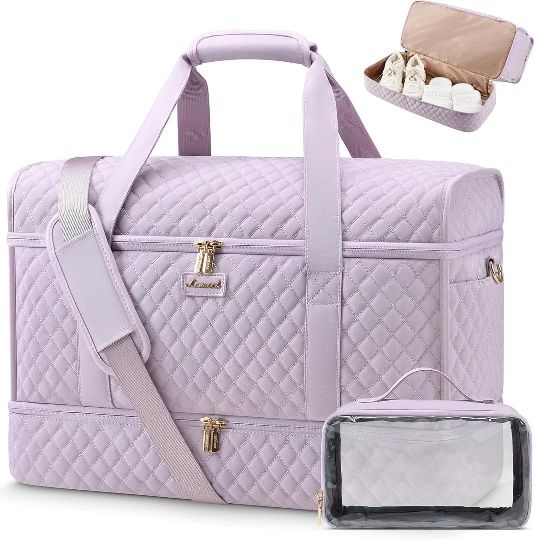 LOVEVOOK Large Travel Duffle Bag, Weekender Bags for Women With Shoe Compartment, Overnight Hospital Bag For Women Labor Delivery, Carry on Bag Personal Item Travel Bag, Yoga Gym Duffel Bag (Light Purple)
