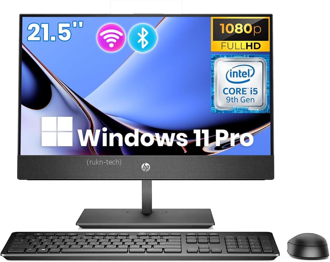 HP ProOne 600 G5 All-in-One Desktop Computer, 21.5-inch FHD Display, Core 9th Gen i5-9500T, 8 GB RAM, 256 GB SSD, Wi-Fi, RGB Keyboard and Mouse, Windows 11 Pro