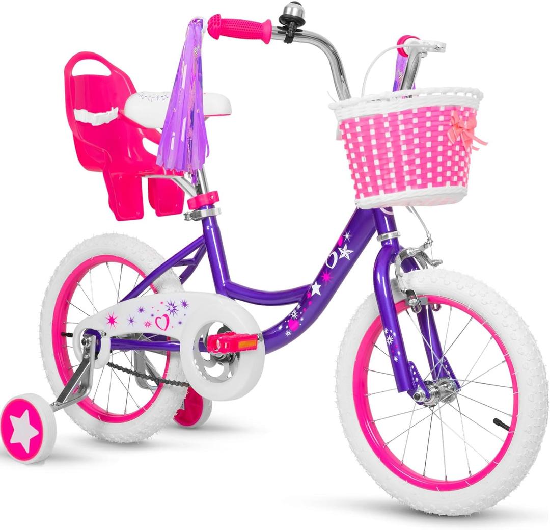 WEIZE Girls Bike for 3-12 Years Old Kids, 14 16 20 Inch Kids Bike with Training Wheels, Streamers, Basket and Doll Seat, Children Bicycles with Coaster Brake, Multiple Colors (Purple)