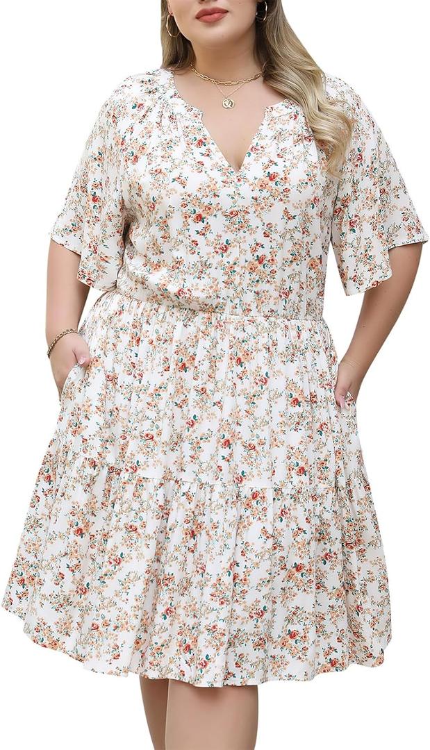 Nemidor Womens Plus Size Summer Dress Floral Print Boho Swing Short Sleeve V Neck Casual Mini Dresses with Pocket