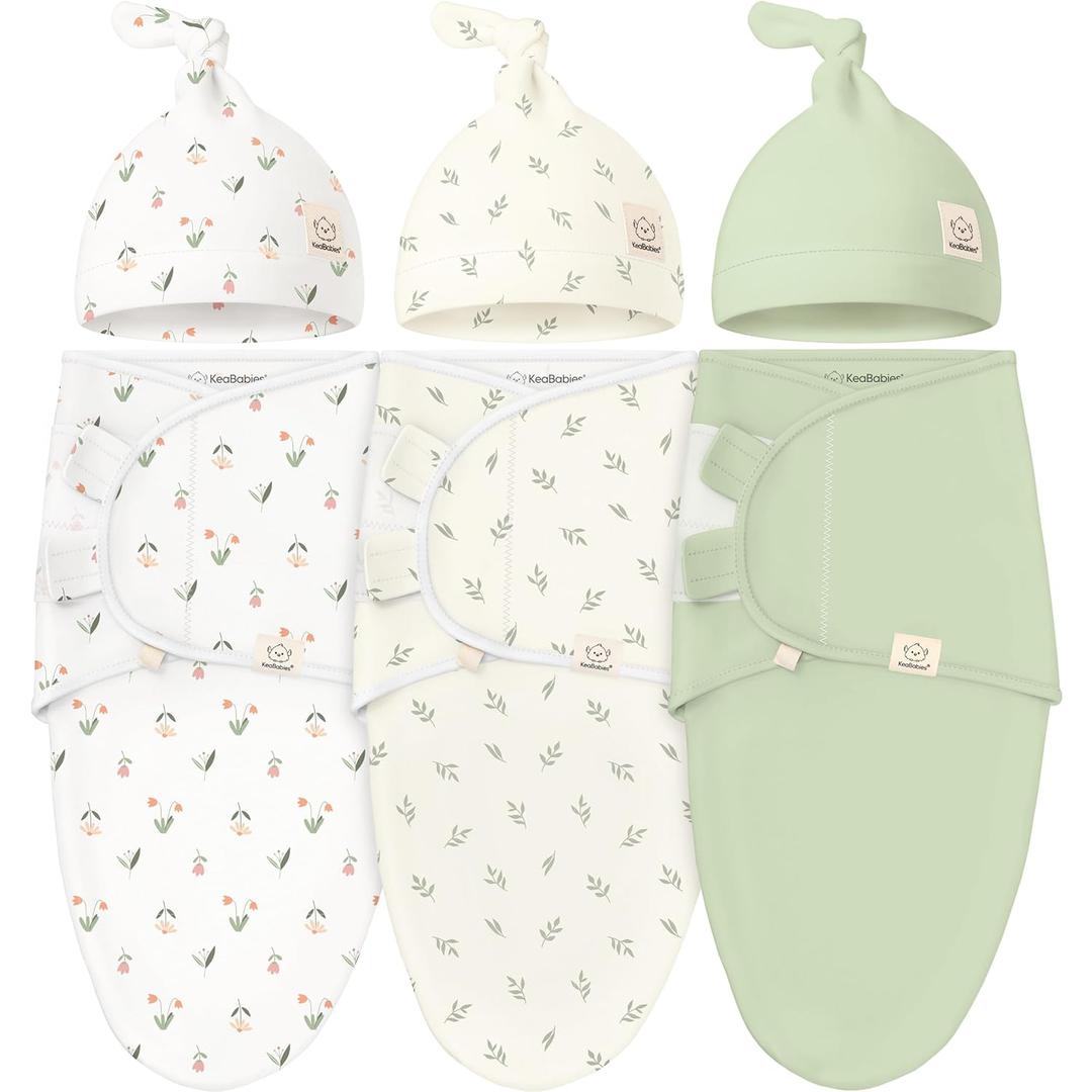 KeaBabies 3-Pack Organic Swaddles for Newborns Girls, Boys with Hats - Soft Cotton Baby Sleep Sacks 0-3 Months, Breathable Baby Hats and Swaddles 0-3 Months, Newborn Essentials Must Haves (Fleur)