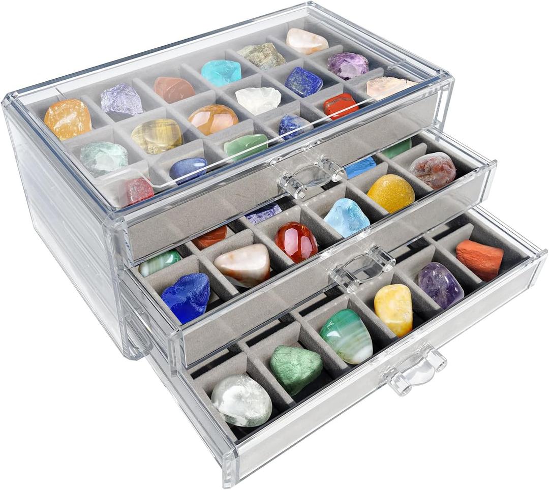 Rock Display Case, Rock Collection Box for Kids & Adults | Crystal Display Shelf, Organizer & Case for Gemstone, Fossil, Mineral | Rock Collection Display Case for All Collectibles