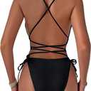 Lilosy Sexy Criss Cross Lace Up Plunge One Piece Swimsuit String Tie Side Cheeky Bathing Suit (Medium, Black)
