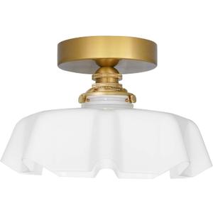 9.4in Vintage Brass Gold Semi Flush Mount Ceiling Light with Milk White Glass Shade, Farmhouse Antique Ceiling Lighting Fixture for Hallway Closet Small Room Kitchen Entryway Porch, Bulb Not Included