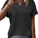 Waffle Knit Tops for Women V Neck Short Sleeve Casual Shirts Loose Summer Tunic Tops Blouses, XL