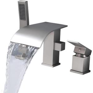 Waterfall Roman Tub Faucet with Hand Shower, Deck Mount Tub Filler Bathtub Faucet with Sprayer, Brass Widespread 3 Hole Bathtub Shower Faucet Set Brushed Nickel