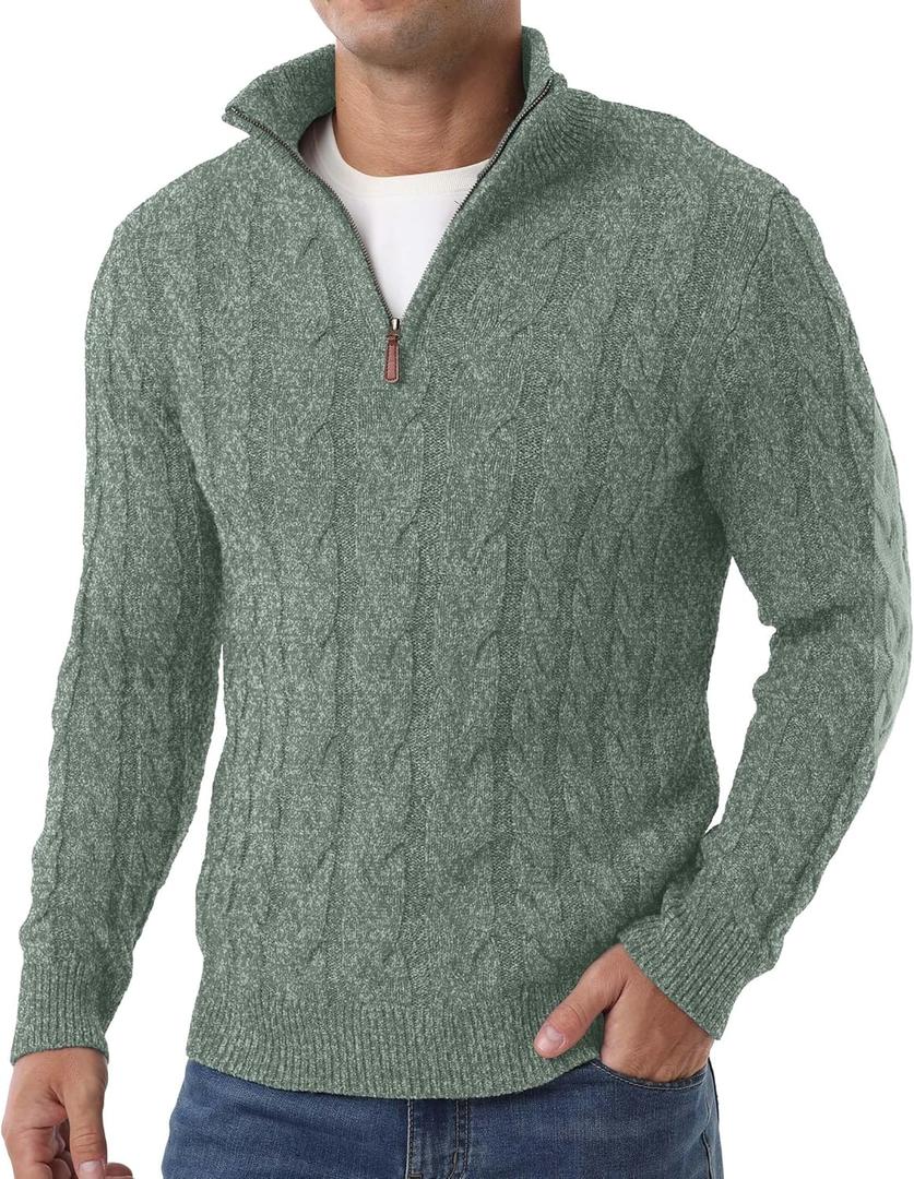 Askdeer Men's Quarter Zip Sweater Cable Knit Mock Neck Pullover Sweaters Classic Casual Polo Sweater (B02 Vg Green), XL