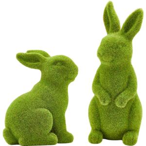 2PCS Easter Rabbit Decoration Green Moss Plush Rabbit Artificial Sculpture Green Plush Rabbit Resin Ornament Spring Garden Decoration Easter Gift Easter Decoration (Small 2PCS Standing+Sitting)