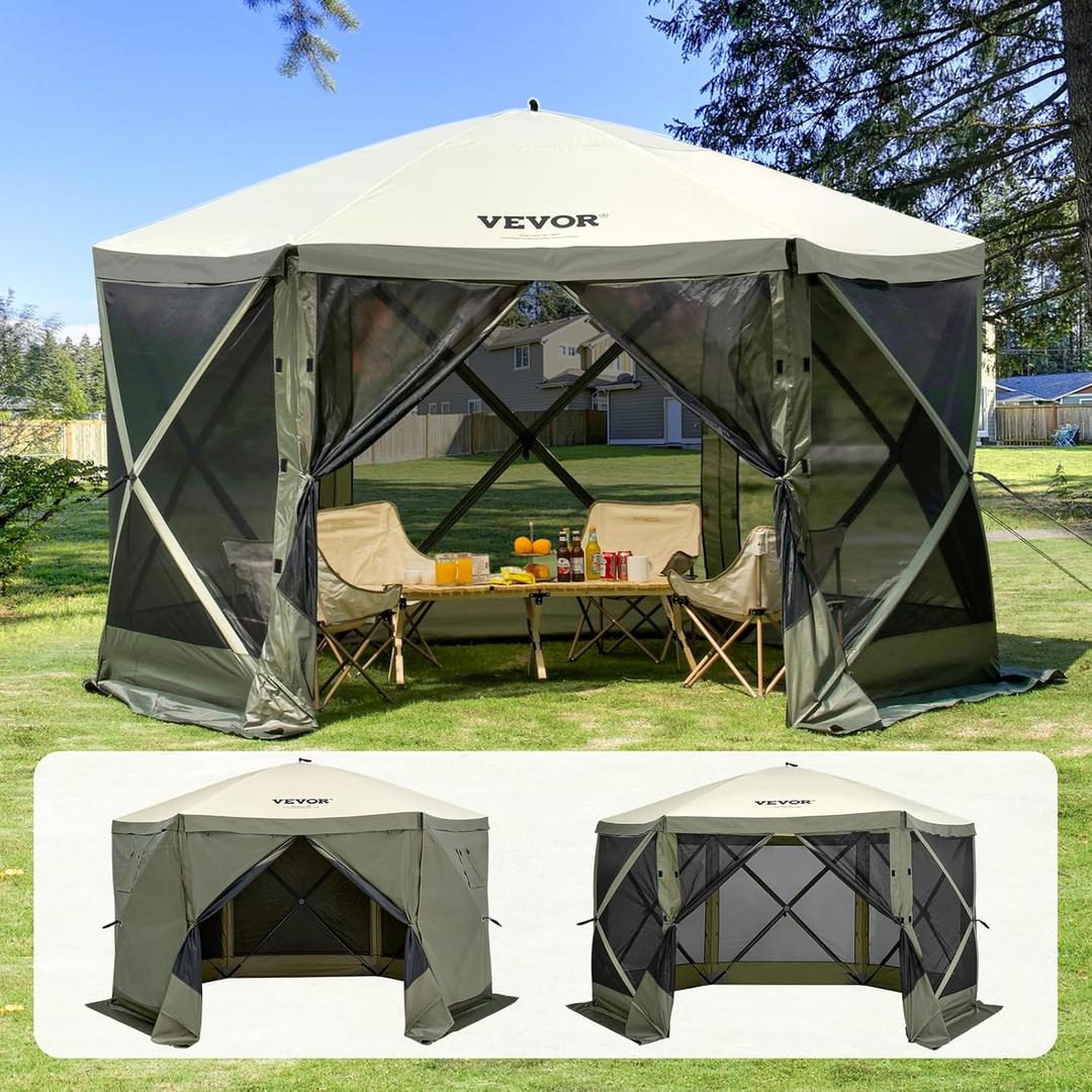 VEVOR Pop Up Gazebo Screen Tent, Instant Gazebo Tent with Mosquito Netting Outdoor Canopy, 6 Sided Sun Shelter 12x12ft w/ 6 Removable Wind Cloths & 2 Mesh Windows, Pavilion Tent for Patio, Army Green (Upgraded 12x12ft 6-Sided Pop-Up Gazebo Tent)
