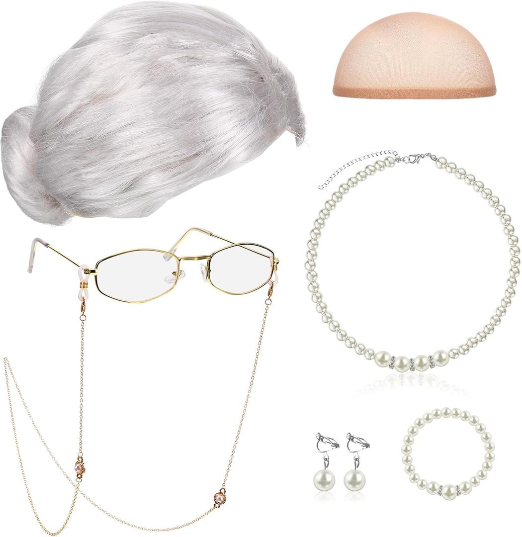 Gejoy 7 Pcs Old Lady Wig Costume Set Grandma Hair Cap Glasses Chain Pearl Necklace for Halloween Props Cosplay