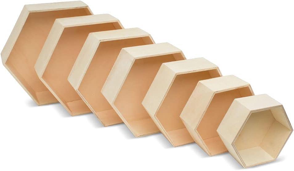 Woodpeckers Wooden Hexagon Floating Shelves with Backs, Set of 7, Unfinished for Crafts and DIY Wall Dcor: Modern, Geometric, Rustic, or Honeycomb