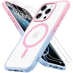 Iokmax Magnetic for iPhone 16 Pro Case, Compatible with MagSafe with 2X Screen Protectors, Military-Grade Slim Shockproof Phone Case Translucent Matte Anti-Fingerprint, 6.3-Inch, Pink-Blue