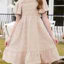 Blibean Tween Girls Summer Dresses Kids Polka Dot Dress Size 6-7 Years (Beige)