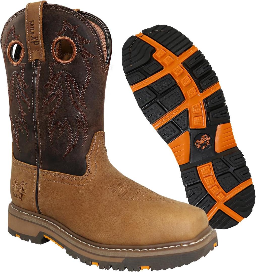 Wolf Genuine Leather Mens Work Boots - Insulated, Oil & Slip Resistant Construction Work Boots Men (5, Light Brown Soft Toe)