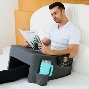 Reading Pillow for Bed,Reading Pillows for Sitting in Bed Adult with Cup Holder Pocket,Comfort Laptop Lap Desk for Couch,Soft Lap Desk Pillow for Gaming & Laptop(Dark Gray, Large)