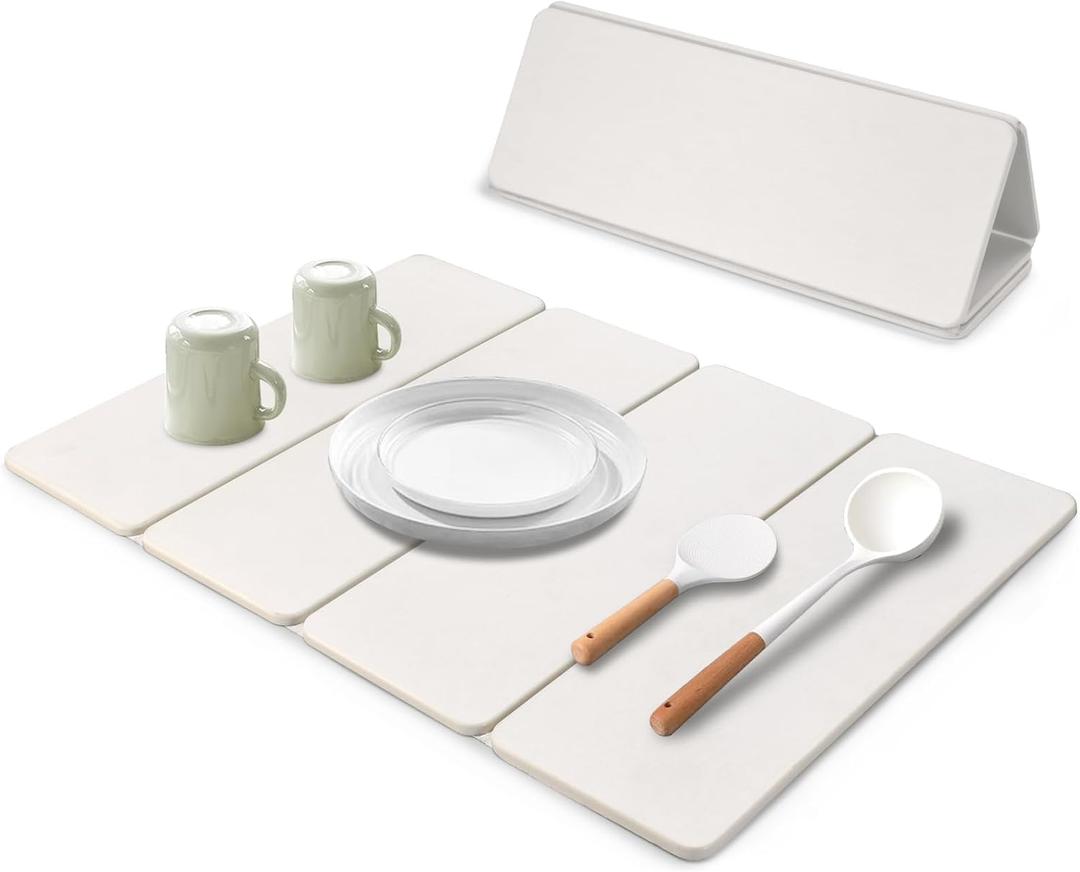 Large Stone Dish Drying Mat for kitchen Counter, 24"(L)x16"(w) Dish Drying Mat, Fast Water-Absorbing,Diatomaceous Earth Non-Slip Stone Mat, Multi-Purpose Foldable Dish Drying Stone Mat