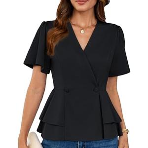 GRACE KARIN 2025 Women's Business Casual Outfits Peplum Tops Dressy Summer Short Sleeve V Neck Wrap Work Blouse Shirts, Size Large