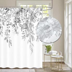 Tititex Grey Leaves Faux Linen Textured Shower Curtain, Watercolor Eucalyptus On The Top Plant Bathroom Decoration Shower Curtain Sets 72x72 Inch with Hooks