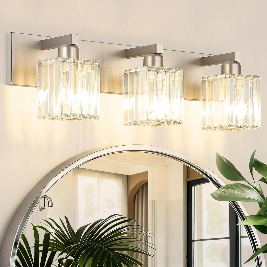 Aipsun Brushed Nickel Vanity Light Bathroom Lighting Fixtures 3 Light Crystal Modern Bathroom Vanity Light (Exclude Bulb), 23 inch