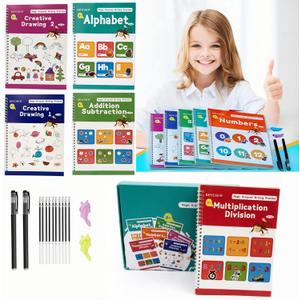 2 x Magic Grooved Writing Practice Books for Kids with Disappearing Ink Pens Grips, Reusable Handwriting Workbooks 6 Pcs, Letter Tracing Copybook for Kindergarten Ages 3-8