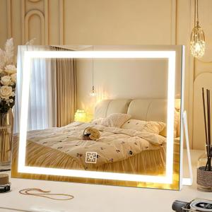 14 Inch LED Vanity Makeup Mirror with Lights, Gifts for Mom Mothers Day, Large Metal Frame Lighted Tabletop Mirror with 3 Color Dimmable Touch Control, 360 Rotation