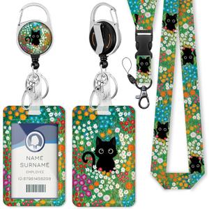 Gctriki Lanyards for Id Badges and Keys, Black Cat Flower Id Badge Holder, Cute Retractable Heavy Duty Badge Reel with 360 Degrees Rotate Carabiner Clip, Teacher Nurse Doctor Women Office Gifts