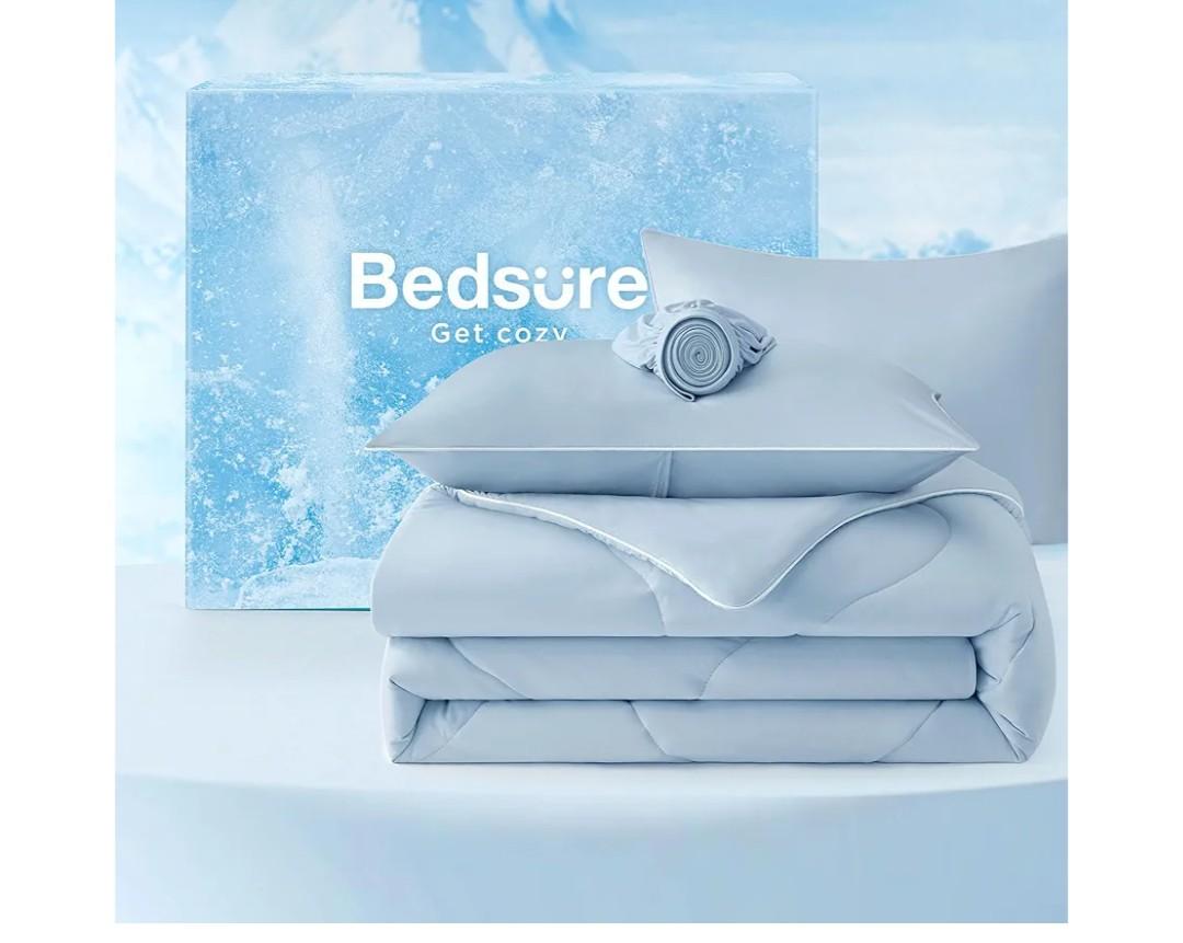 Bedsure Cooling Comforters King Size Set 4 Pieces, Blue Cooling Blanket for Hot Sleepers, Double-Sided Cool Tech King Bedding Set with Breathable Lightweight Comforter, Sheet & Pillowcases