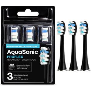 AquaSonic Genuine Proflex Replacement Brush Heads | ADA Accepted | for Whiter Teeth & Gum Care | Compatible with Many AquaSonic Toothbrush Handles (3 Pack Black)