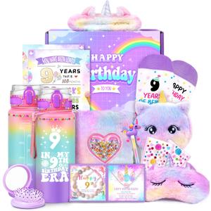 9 Year Old Girl Birthday Gift, Unicorn Gifts for Girls, Happy Birthday Gifts for Girls Age 9, Ideas Girl Kids Toys with Water Bottle Gift Basket for Daughter, Sister, Niece, Granddaughter Christmas