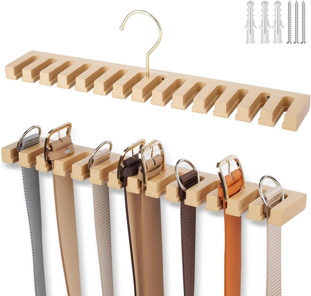ZEDODIER Belt Hanger for Closet, Sturdy Wood Belt Rack for Men and Women, 14 Storage Capacity, Space Saving Hanging Belt Holder for Closet Organizers and Storage, Natural