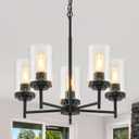 5-Light Farmhouse Glass Chandelier, Modern Black Chandelier for Dining Room Island Lights Industrial Hanging Foyer Lighting Fixtures Chandeliers for Entryway Kitchen Living Room Adjustable Height