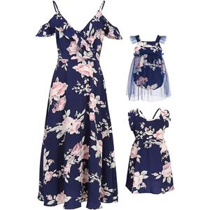 PopReal Mommy and Me Dresses Floral Print Cold Shoulder Ruffle Backless Strap Romper Beach Midi Dress Summer (Blue, XL)