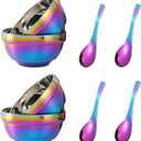 14oz Rainbow Bowl Set with 4x Soup Bowls and 4x Soup Spoons, 304 Stainless Steel Double-Walled Cereal Bowls for Breakfast, Drop Resistance Children Bowls