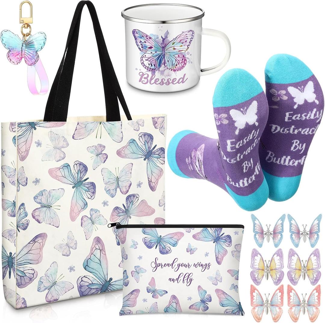 Butterfly Lover Gifts for Women Birthday Gifts Baskets Set Include Canvas Tote Bag, Makeup Bag, Socks, Keychain, Enamel Mug, Small Figurines for Mom, Wife, Sister, Friend