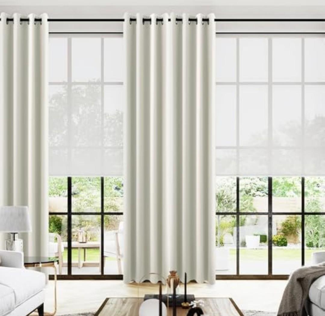 Cream Satin Polyester Curtains 96 Inch Long 2 Panel Set Grommet Elegant Floor to Ceiling Modern Curtain for Living Room, Thermal Blackout Darkening Drapes for Bedroom 52x96 In Length, Ivory Off White