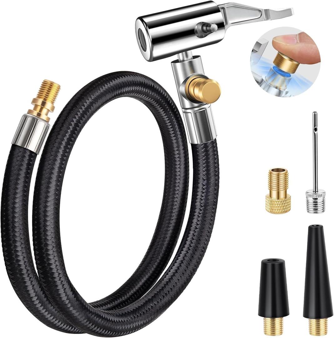 LUMITECO 21'' Quick Air Release Extension Hose, Tire Valve Extension Tube w/Presta Valve & Air Pump Ball Needle Set, Air Tire Inflator Pump Hose with Air Chuck Adapter for Portable Air Compressor