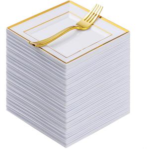 Goodluck 240 Pieces Gold Square Plastic Plates with Forks, Gold Dessert Plates for 120 Guests, Heavy Duty Disposable Plates for Party, Including 120 6.5" Plastic Plates and 120 7.4" Forks (Gold and White)