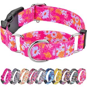 Hikiko Martingale Collar for Dogs Cute Floral Dog Collar for Small Medium Large Dogs Spring Summer Daisy Dog Collars for Girl Female Pet (Hot Pink Flower,Large)