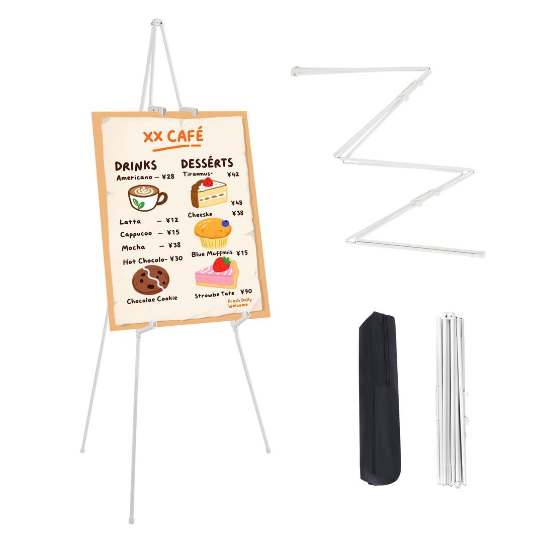 MXG Portable Folding Metal White Display Easel Stand for Sign, Painting & Poster, 66" Height Adjustable Acrylic Sign Holder with 4 Clips for Wedding, Office, Art Exhibition & Classroom