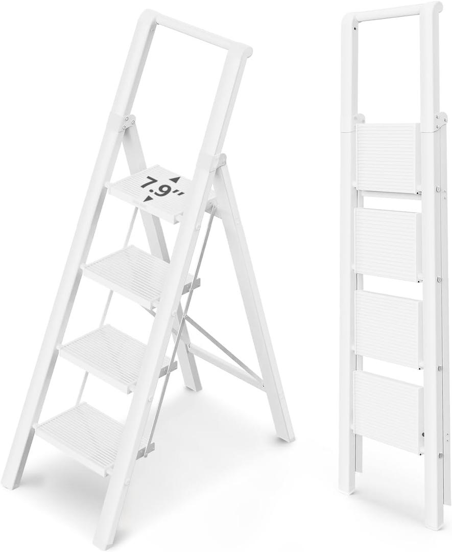WOA WOA 4 Step Ladder, 300lbs Load, 36'' Top Step, White
9ft Reach; 7.9'' Wide Pedals; Anti-Slip Feet Grip Wood, Tile, Carpet; Rigid Aluminum Steps; Handrail Adds Balance.