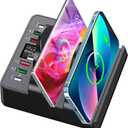 Wireless Charging Station with 6 USB Ports, 8 in 1 15W Dual Wireless Charger Station, 2 QC/2 PD USB Fast Charging Station, 80W Phone Charger for iPhone14/13/12/11/X/Samsung/Android/iWatch