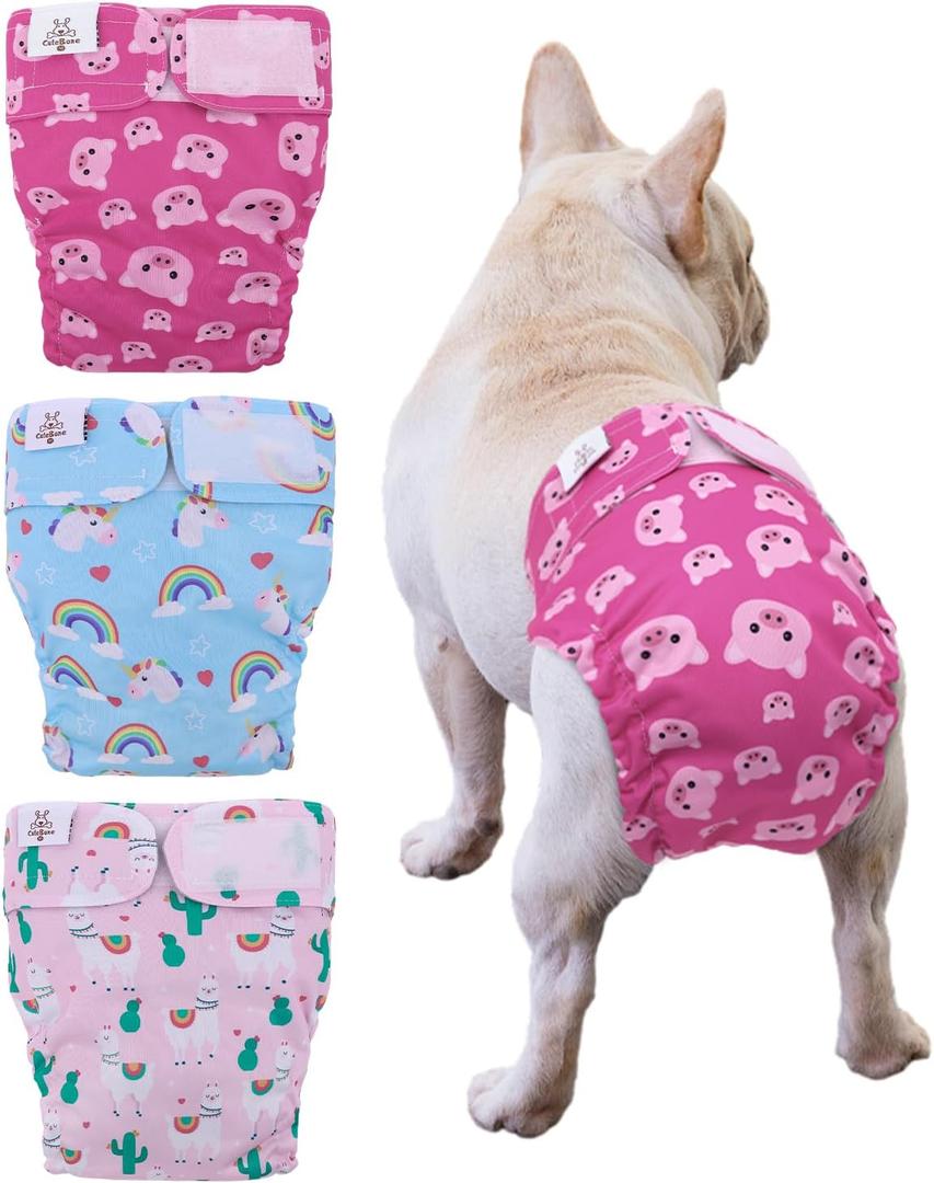 CuteBone Washable Dog Diapers Female No Tail Hole 3 Pack Reusable Doggie Period Training Pants for Docked-Tail Frenchie French Bulldog Boston Terrier Without Tail WWD15M, Medium